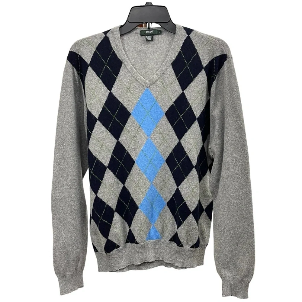 J. Crew Mens‎ Argyle Pullover V- Neck Sweater in Gray Blue Size L